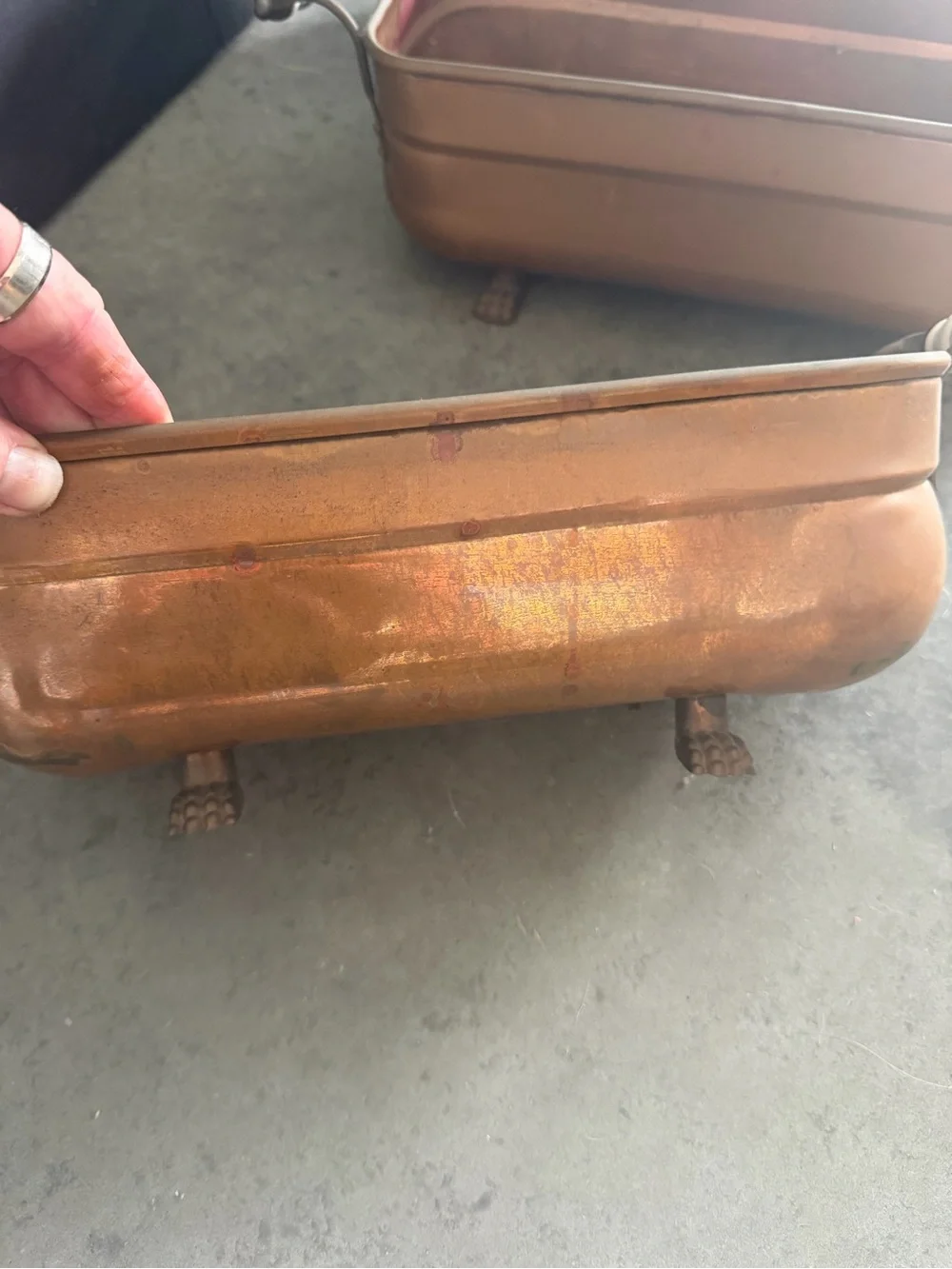 Vintage Copper Jardiniere Planters Set of 3 💙 Porcelain Handles Paw Feet